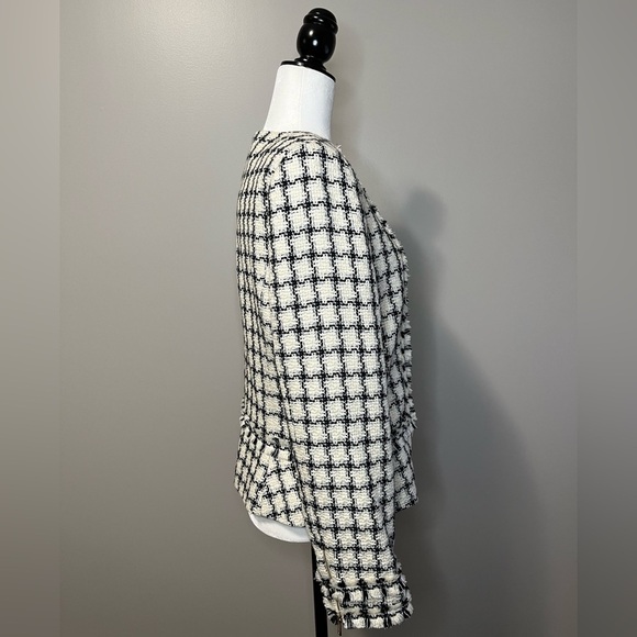 Karl Lagerfeld Plaid Tweed Fringe Crop Full Zip Blazer - Picture 8 of 17